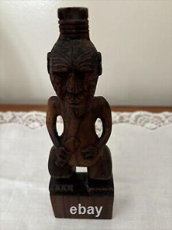Vintage Maori Tribal Warrior Statue, New Zealand Ta Moka Face Hand Carved