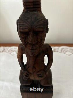 Vintage Maori Tribal Warrior Statue, New Zealand Ta Moka Face Hand Carved