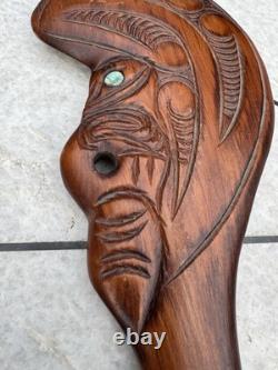 Vintage Maori Wahaika Club 12 Carved Wood with Paua Shell Inlay New Zealand
