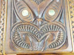 Vintage Maori Wooden Tiki Face Box Waka Huia Hand Carved Art Paua Shell Inlay NZ