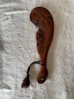 Vintage New Zealand Maori Hand-Carved War Club with Paua Shells, 16 x 5