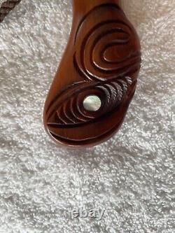 Vintage New Zealand Maori Hand-Carved War Club with Paua Shells, 16 x 5