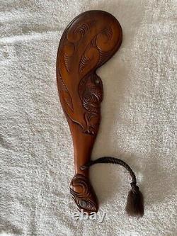 Vintage New Zealand Maori Hand-Carved War Club with Paua Shells, 16 x 5