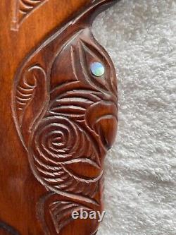 Vintage New Zealand Maori Hand-Carved War Club with Paua Shells, 16 x 5