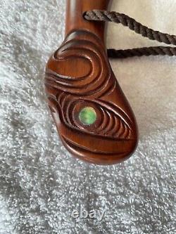 Vintage New Zealand Maori Hand-Carved War Club with Paua Shells, 16 x 5