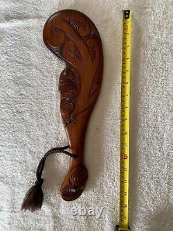 Vintage New Zealand Maori Hand-Carved War Club with Paua Shells, 16 x 5