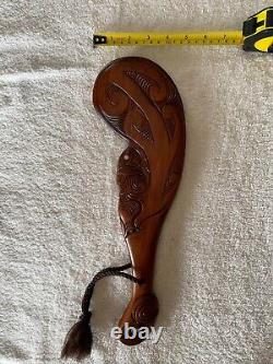 Vintage New Zealand Maori Hand-Carved War Club with Paua Shells, 16 x 5