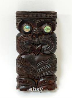 Vintage New Zealand Maori Tiki Figure Hand Carved Wood Signed Tatau Tatau