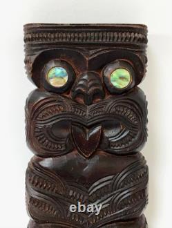 Vintage New Zealand Maori Tiki Figure Hand Carved Wood Signed Tatau Tatau