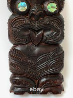 Vintage New Zealand Maori Tiki Figure Hand Carved Wood Signed Tatau Tatau