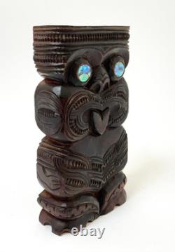 Vintage New Zealand Maori Tiki Figure Hand Carved Wood Signed Tatau Tatau