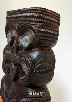 Vintage New Zealand Maori Tiki Figure Hand Carved Wood Signed Tatau Tatau