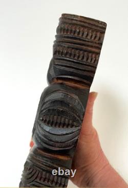 Vintage New Zealand Maori Tiki Figure Hand Carved Wood Signed Tatau Tatau
