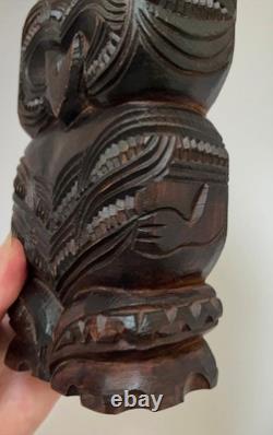 Vintage New Zealand Maori Tiki Figure Hand Carved Wood Signed Tatau Tatau