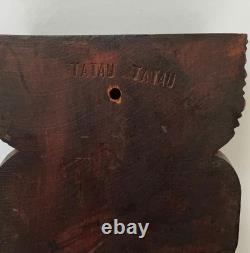 Vintage New Zealand Maori Tiki Figure Hand Carved Wood Signed Tatau Tatau