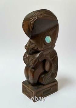 Vintage New Zealand Maori Tiki Hand Carved Wooden Figure Sculpture Tupapa Label