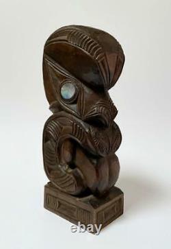 Vintage New Zealand Maori Tiki Hand Carved Wooden Figure Sculpture Tupapa Label