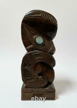 Vintage New Zealand Maori Tiki Hand Carved Wooden Figure Sculpture Tupapa Label