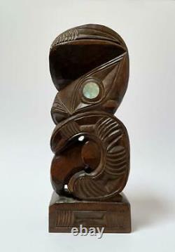 Vintage New Zealand Maori Tiki Hand Carved Wooden Figure Sculpture Tupapa Label