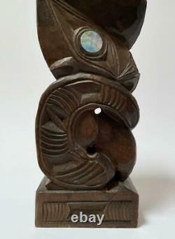 Vintage New Zealand Maori Tiki Hand Carved Wooden Figure Sculpture Tupapa Label