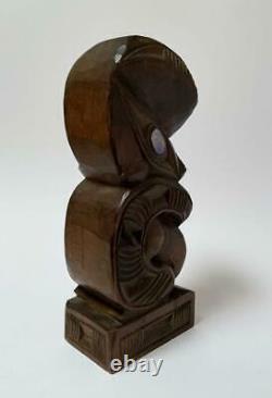 Vintage New Zealand Maori Tiki Hand Carved Wooden Figure Sculpture Tupapa Label