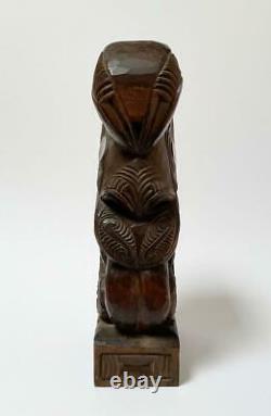 Vintage New Zealand Maori Tiki Hand Carved Wooden Figure Sculpture Tupapa Label