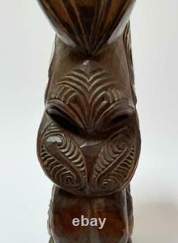 Vintage New Zealand Maori Tiki Hand Carved Wooden Figure Sculpture Tupapa Label