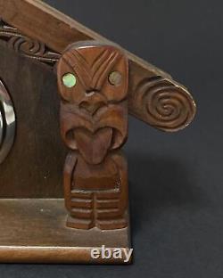 Vintage New Zealand Maori Tiki Hand Carved Wooden Mantle Clock Wharenui Working