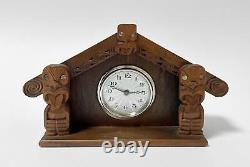 Vintage New Zealand Maori Tiki Hand Carved Wooden Mantle Clock Wharenui Working