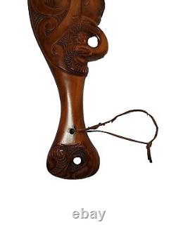 Vintage New Zealand Maori War Club Carved Wood Paua Shell Accents Art Native