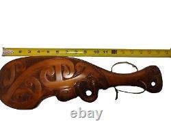 Vintage New Zealand Maori War Club Carved Wood Paua Shell Accents Art Native