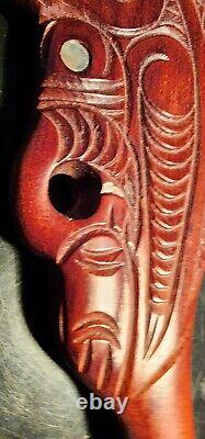 Vintage New Zealand Maori War Club Hand Carved Wood Paua Shell Accents