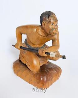 Vintage New Zealand Maori Warrior Figure Carved Wooden Sculpture Oceanic Art