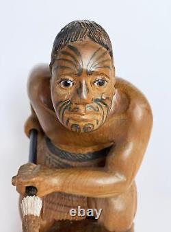 Vintage New Zealand Maori Warrior Figure Carved Wooden Sculpture Oceanic Art