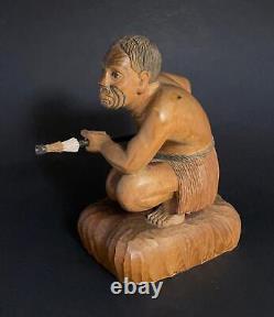 Vintage New Zealand Maori Warrior Figure Carved Wooden Sculpture Oceanic Art