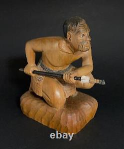 Vintage New Zealand Maori Warrior Figure Carved Wooden Sculpture Oceanic Art