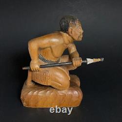 Vintage New Zealand Maori Warrior Figure Carved Wooden Sculpture Oceanic Art