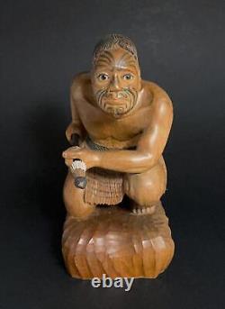 Vintage New Zealand Maori Warrior Figure Carved Wooden Sculpture Oceanic Art