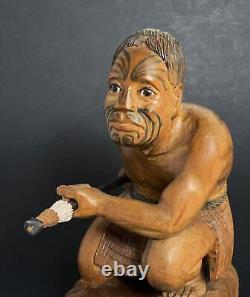 Vintage New Zealand Maori Warrior Figure Carved Wooden Sculpture Oceanic Art