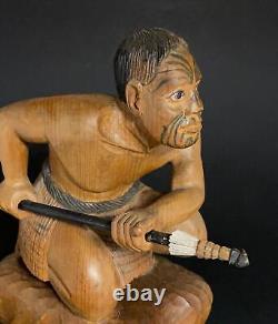 Vintage New Zealand Maori Warrior Figure Carved Wooden Sculpture Oceanic Art