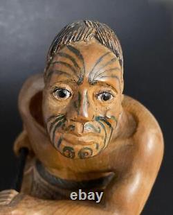 Vintage New Zealand Maori Warrior Figure Carved Wooden Sculpture Oceanic Art