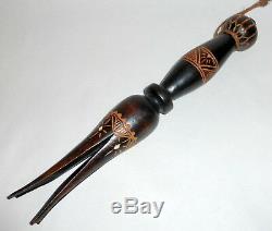 Vintage Pacific Islands Fiji Carvd Etchd Wood Cannibal Chief Eating 4 Prong Fork