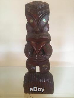 Vintage Wood Carved New Zealand Maori Tiki Teko Teko Figure Paua Shell 40.5cms