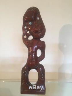 Vintage Wood Carved New Zealand Maori Tiki Teko Teko Figure Paua Shell 47.5cms