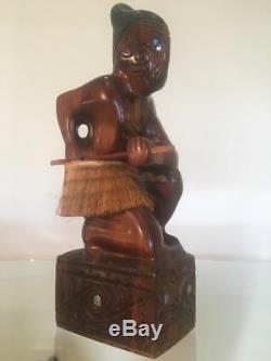 Vintage Wood Carved New Zealand Maori Warrior Tattooed Face Tiki Base 36.5cms