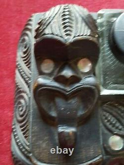 Vintage antique inkwell New Zealand Maori decoration tribal Oceania wooden desk