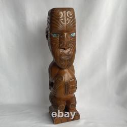 Vtg 17.5 Signed Stuart Pyne NZ Maori Tekoteko Wood Carving Paua Eyes Teko Tiki