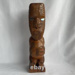 Vtg 17.5 Signed Stuart Pyne NZ Maori Tekoteko Wood Carving Paua Eyes Teko Tiki