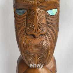 Vtg 17.5 Signed Stuart Pyne NZ Maori Tekoteko Wood Carving Paua Eyes Teko Tiki