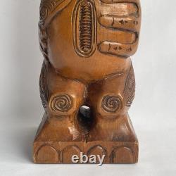 Vtg 17.5 Signed Stuart Pyne NZ Maori Tekoteko Wood Carving Paua Eyes Teko Tiki